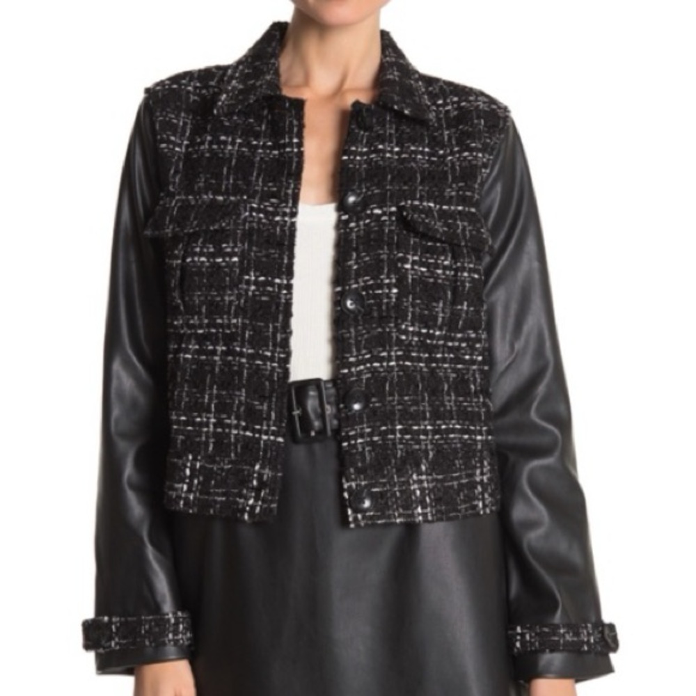 Laundry by Shelli Segal black tweed jacket with faux leather sleeves.